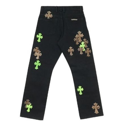 Chrome Hearts Leopard Green Leather Cross Patch Jeans
